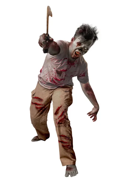 Scary Zombie Blood Wound His Body Holding Sickle Standing Isolated — Stock Photo, Image