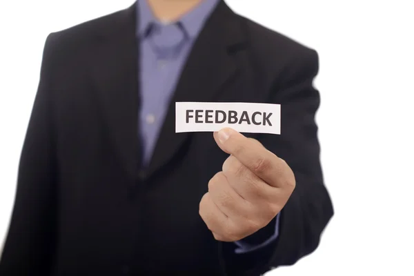 Man Holding Paper With Feedback Text — Stock Photo, Image