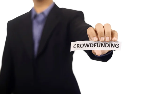 Man Holding Paper With Crowdfunding Text — Stock Photo, Image