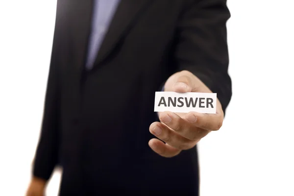 Man Holding Paper With Answer Text — Stock Photo, Image