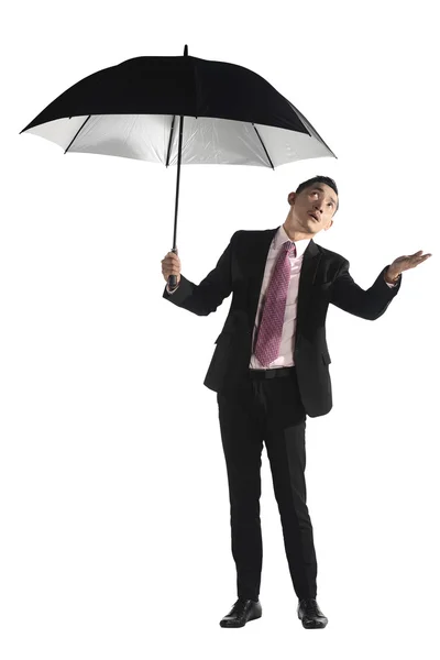 Asian Business Man Holding Black Umbrella — Stock Photo, Image