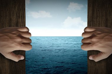 Man hand open door into the sea