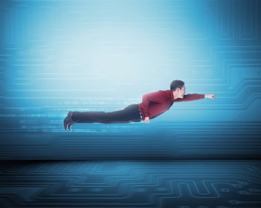 Asian business man flying on binary number