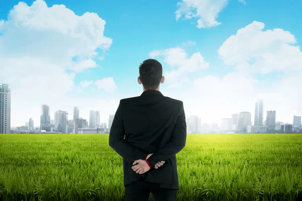 아시아 비즈니스 사람이 녹색 풀밭에 서 있는 — 스톡 사진