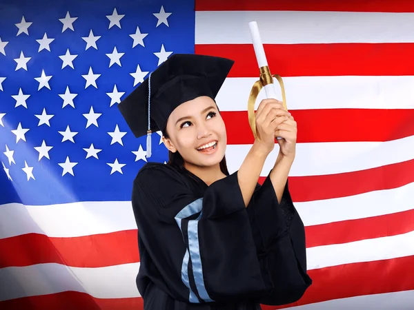 Estudante feliz com bandeira dos EUA — Fotografia de Stock
