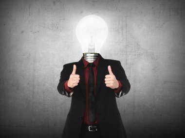 Ampul kafa ile iş adamı başparmak sırıtmak