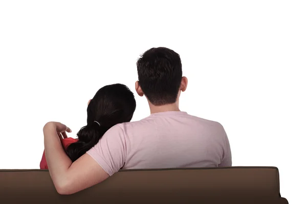 Asian couple from back on couch — Stock Photo, Image