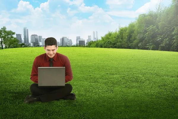 Üzleti ember dolgozik a laptop a fű — Stock Fotó