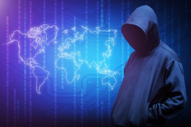 Bilgisayar hacker kukuletalı adam silüeti