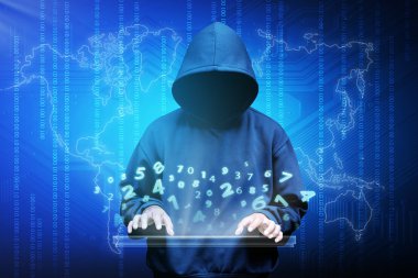 Bilgisayar hacker kukuletalı adam silüeti