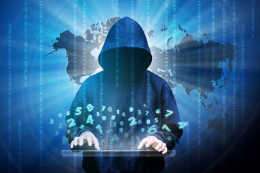 Bilgisayar hacker kukuletalı adam silüeti