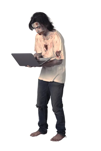 Tipe zombie pria asia menyeramkan dengan laptop — Stok Foto