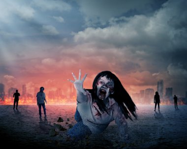 Scary female zombie with burning city background clipart