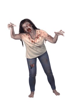 Beyaz arka plan üzerinde izole kadın zombi