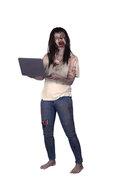 Mujer zombie celebración portátil —  Fotos de Stock