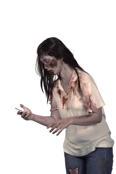 Vrouwelijke zombie bedrijf cellphone — Stockfoto