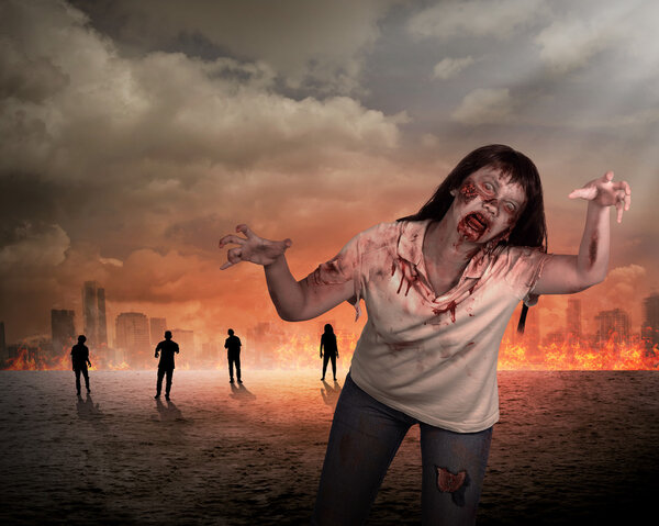 Scary female zombie with burning city background
