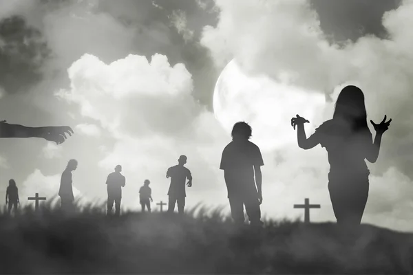 Silhouette group of zombie walking under full moon — Stock Photo, Image