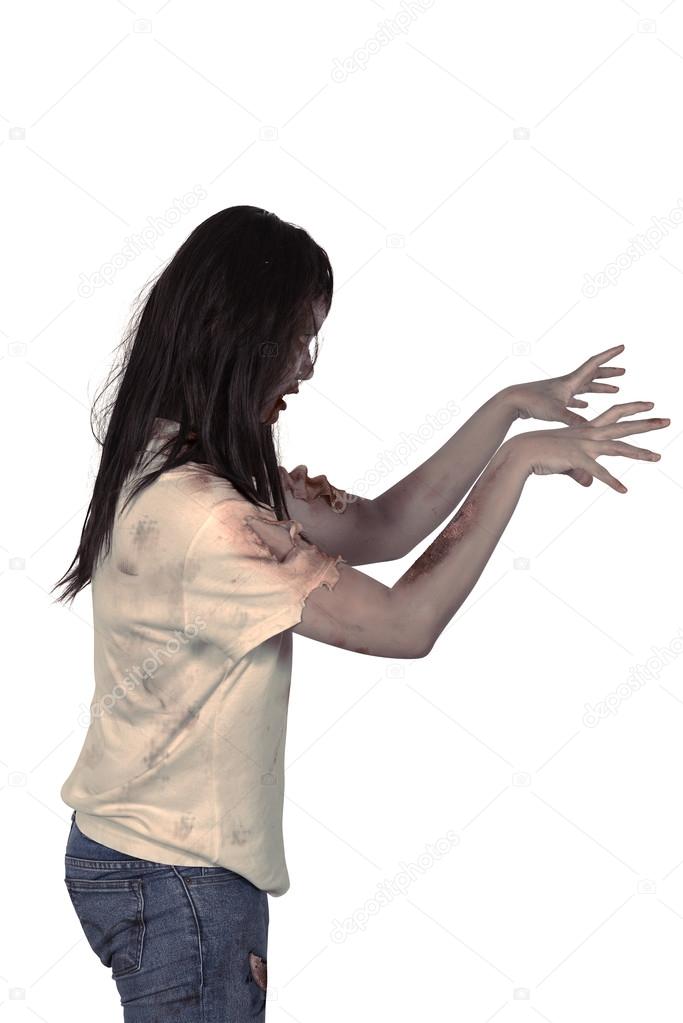 Female zombie isolated over white background