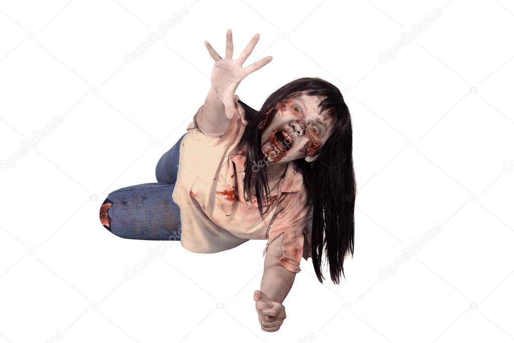 Female zombie crouching on the floor
