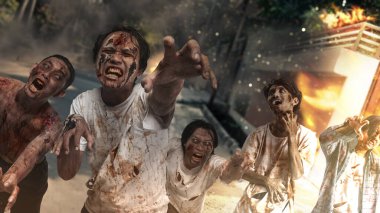 Endonezya 'nın güneydoğu Asya kökenli yaralı ve kanlı korkunç erkek zombiler bir kıyamet şehrinin ortasında yürüyorlardı. Sahne korkutucu ve ürkütücü. Ürkütücü Cadılar Bayramı kavramı