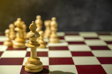 Satranç tahtasındaki satranç taşının önünde duran beyaz satranç krallarının yakın görüntüsü. Strateji veya rekabet kavramı