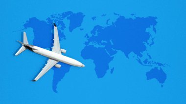 Mavi arka planda dünya haritası olan bir uçak. Şablon veya uzayı kopyala. Seyahat, turizm veya havacılık kavramı. Düzleştirme biçimi