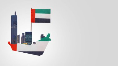 Dubai silueti ve ulusal bayrağı olan Birleşik Arap Emirlikleri haritaları. BAE ulusal gün kutlaması kavramı. Kolaj sanatı