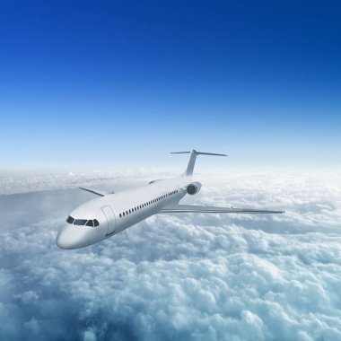 Ufukta bulutlu bir arka planı olan uçaklar uçuyor. Uçak konseptiyle seyahat