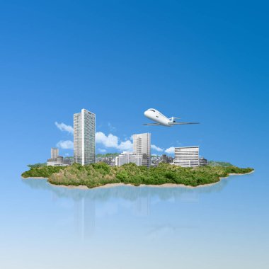 Mavi arka planda tropikal bir plaj manzarası olan bir gökyüzü üzerinde uçan uçak. Uçak konseptiyle seyahat