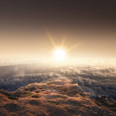 Güneş ışığı arkaplanlı Rocky Dağı zirvesi. Doğal arkaplan