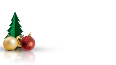 Beyaz arka planda izole edilmiş renkli Noel süslemeleri olan yeşil kağıt Noel ağacı. Tatil teması ya da kış teması. Mutlu Noeller kutlaması kavramı