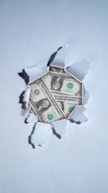 Beyaz yırtık kağıtlardan çıkan dolar banknotları. Ticari kar, mali büyüme, yatırım ve başarı kavramı