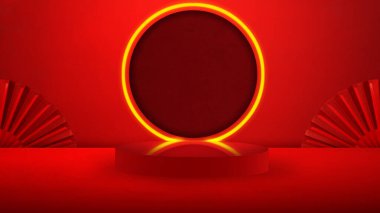 Renkli arka planda kırmızı Çin fanı olan boş, yuvarlak bir podyum. Model, şablon veya kopyalama alanı. Ay ya da Çin Yeni Yıl kutlamaları için dekorasyon