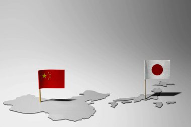 The countries of China and Japan with their respective national flags planted in their territories. Conflict between China against Japan