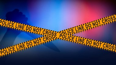 Renk eğimli bulanık bir geçmişi olan bir suç mahallini temsil eden dramatik bir illüstrasyon, polis şeridi ve potansiyel bir suç olduğunu düşündüren gölgeli bir figür. Suç kavramı