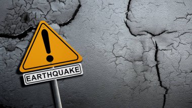 Çatlak ve hasarlı zemin üzerinde ünlem işareti olan sarı üçgen deprem tehlikesi işareti. Deprem kavramı