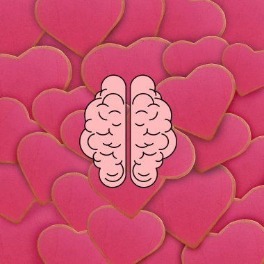 Brain symbolizing the connection between critical thinking, wisdom, and rationality, surrounded by numerous hearts representing feelings, love, and passion. Collage art
