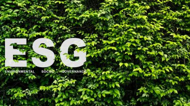 Çevresel, Sosyal ve Yönetim (ESG), yemyeşil yeşillik arka planının üzerine yerleştirilmiş metinlerle. Sürdürülebilirliği ve sorumlu iş uygulamalarını sembolize ediyor. ESG kavramı