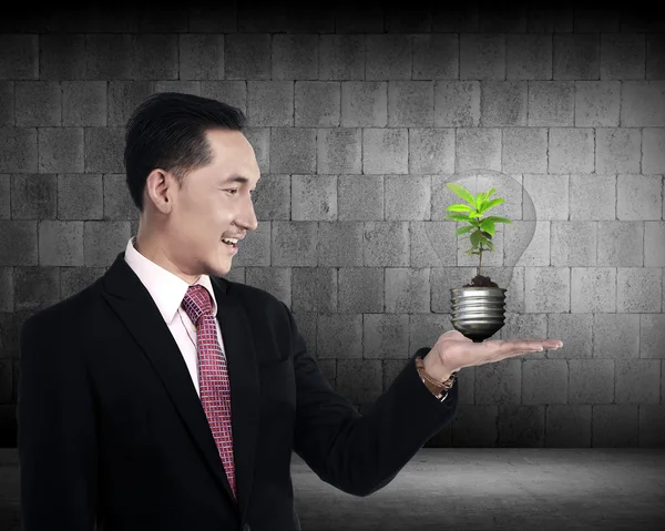 Üzleti személy, aki a villanykörte belsejében a növény — Stock Fotó