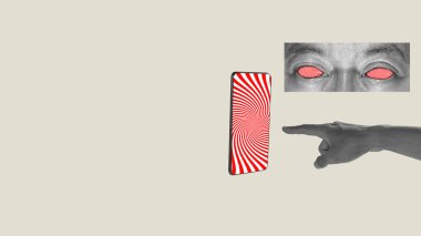 Ekranında hipnotik spiral desenli bir cep telefonunu işaret eden parmak, aynı hipnotik spiral ile zihin kontrolünü temsil eden bir çift göz. Kolaj sanatı. Hipnoz kavramı