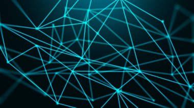 Parlayan neon mavi ağ bağlantıları ve pleksus şekilleri içeren soyut geometrik arkaplan, teknoloji veya bilim temalı tasarımlar için ideal
