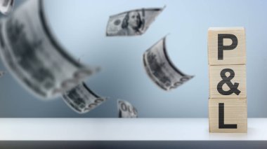 Tahta bloklarda temsil edilen kar ve zarar beyannamesi, arka planda para düşüşü. İş, finans ve yatırım