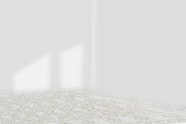 Dekoratif desenli zemini ve yumuşak pencere gölgeleri olan zarif, boş beyaz bir oda. Ürün sunumu, İslami temalar veya minimalist iç tasarım kavramları için ideal zemin