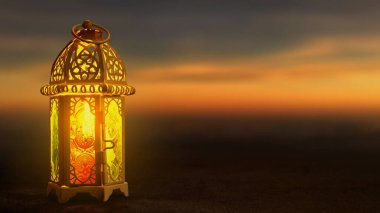 Gün batımında parlayan güzel bir Arap feneri ya da fanatik, kutsal Ramazan ayını simgeliyor. Kopya alanı olan tebrik kartları ve ruhani tasarımlar için mükemmel