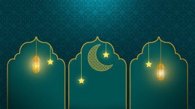 Parlayan fenerler, asılı yıldızlar ve altın kemerlerin içinde dekoratif hilal şeklinde bir ay barındıran zarif bir İslami tasarım. Geometrik desenli bir deniz mavisi arkaplanı, Ramazan ve bayram kutlamaları için ideal