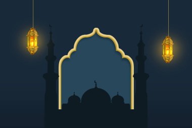 Zarif koyu mavi arka planda iki fenerli altın kemerin altında bir cami silueti var. Ramazan Kareem ve Mübarek Bayramı için ideal