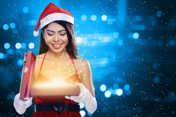 Santa Woman Opening Gift Box — Stock Photo, Image