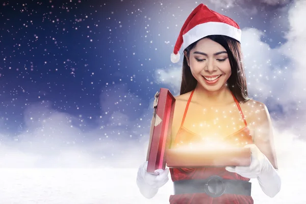 Santa Woman Opening Gift Box — Stock Photo, Image