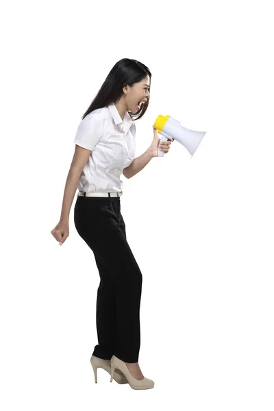 Asian businesswoman holding megaphone — Stock Photo, Image